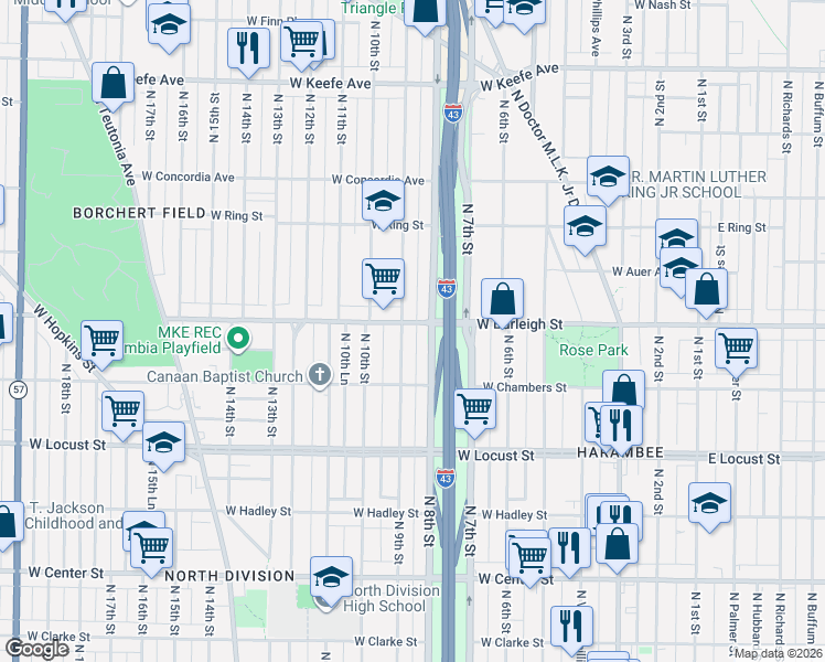 map of restaurants, bars, coffee shops, grocery stores, and more near 3033 North 9th Street in Milwaukee