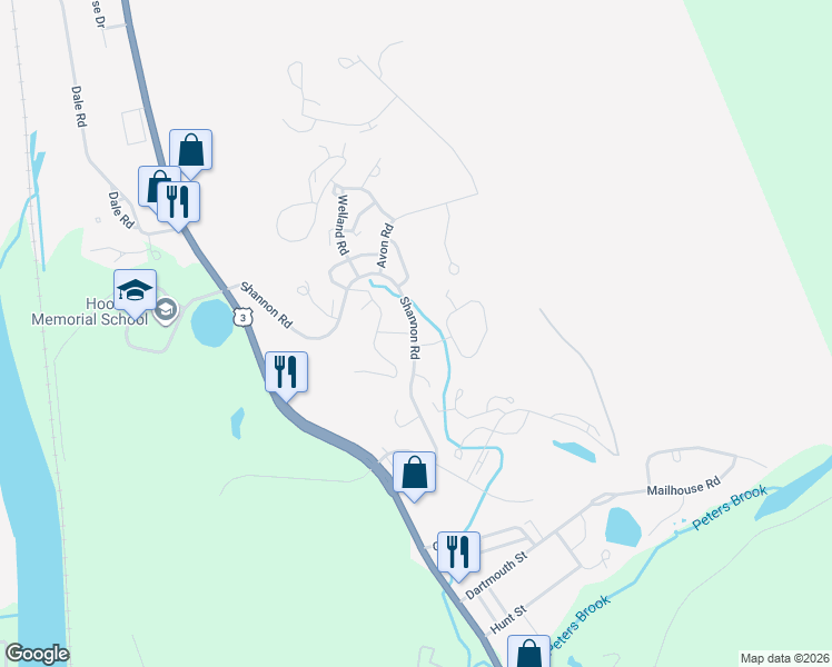 map of restaurants, bars, coffee shops, grocery stores, and more near 63 Shannon Road in Hooksett