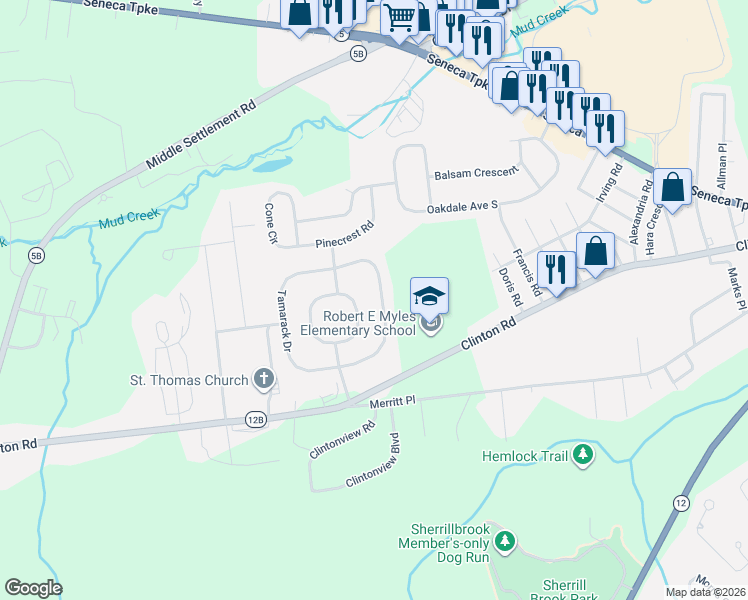 map of restaurants, bars, coffee shops, grocery stores, and more near 12 Sycamore Drive in New Hartford