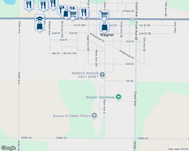 map of restaurants, bars, coffee shops, grocery stores, and more near North Court in Wagner