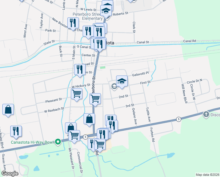 map of restaurants, bars, coffee shops, grocery stores, and more near 0 First Street in Canastota
