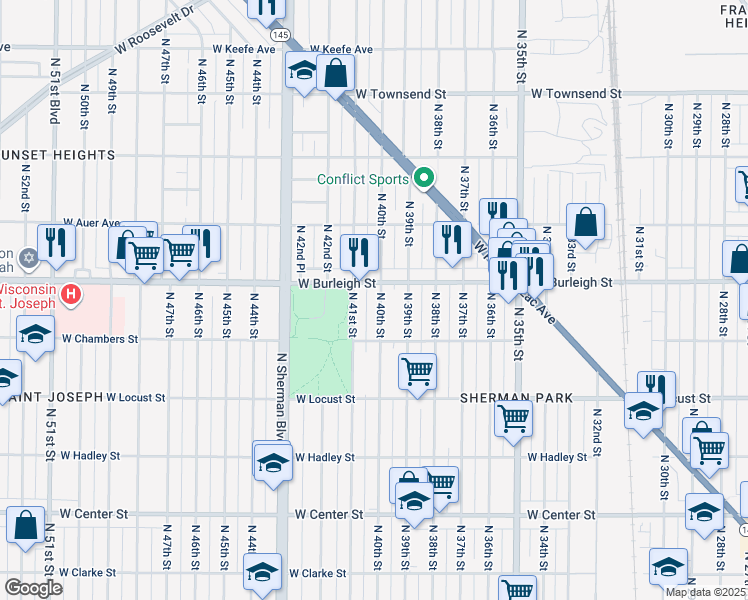 map of restaurants, bars, coffee shops, grocery stores, and more near 3057 North 40th Street in Milwaukee
