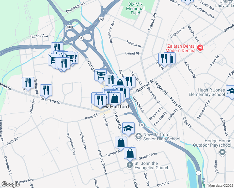 map of restaurants, bars, coffee shops, grocery stores, and more near 14 Genesee St in New Hartford