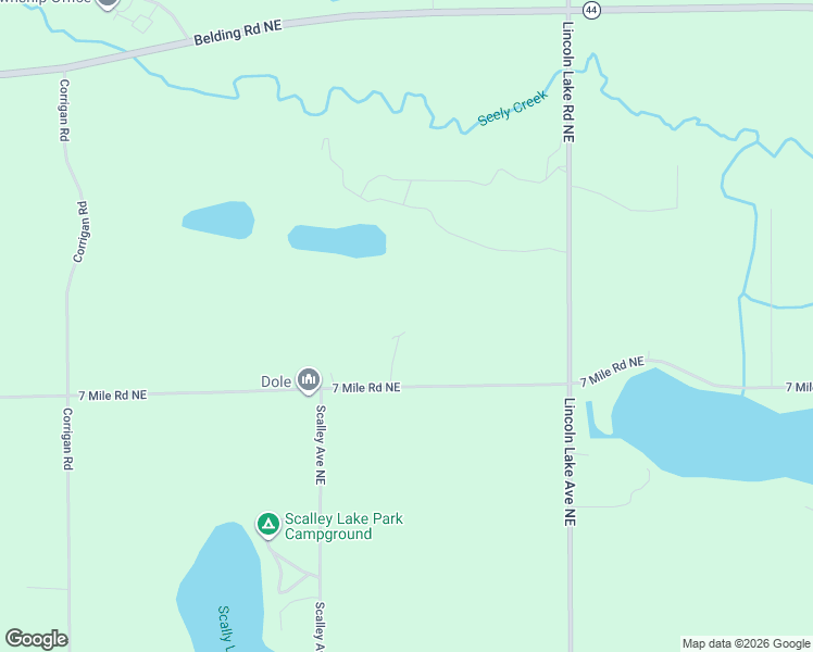 map of restaurants, bars, coffee shops, grocery stores, and more near 12491 7 Mile Road Northeast in Belding
