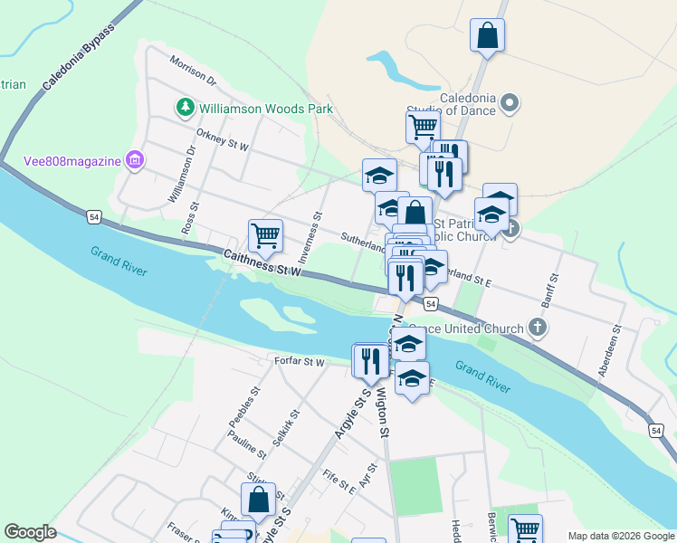 map of restaurants, bars, coffee shops, grocery stores, and more near 62 Caithness Street West in Caledonia