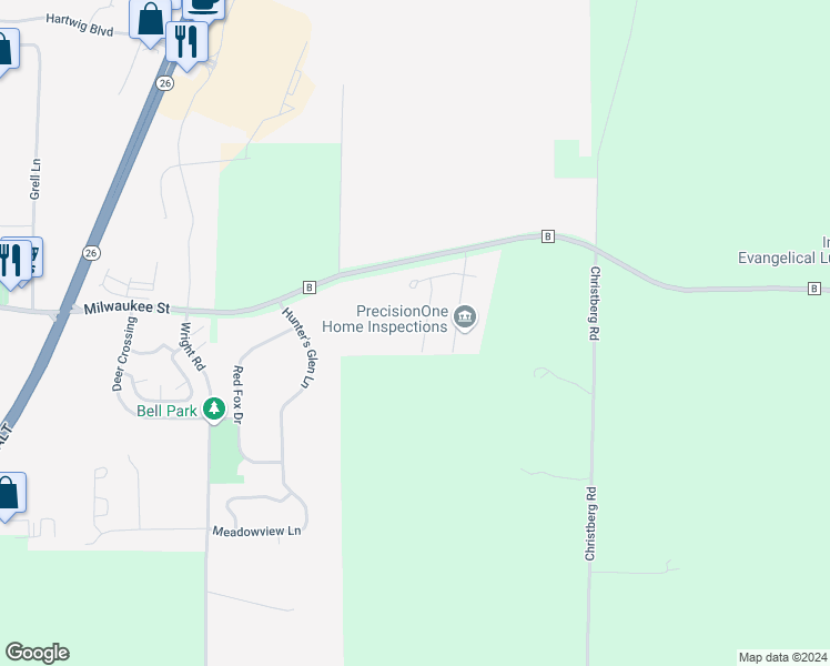 map of restaurants, bars, coffee shops, grocery stores, and more near 132 Michelle Drive in Johnson Creek