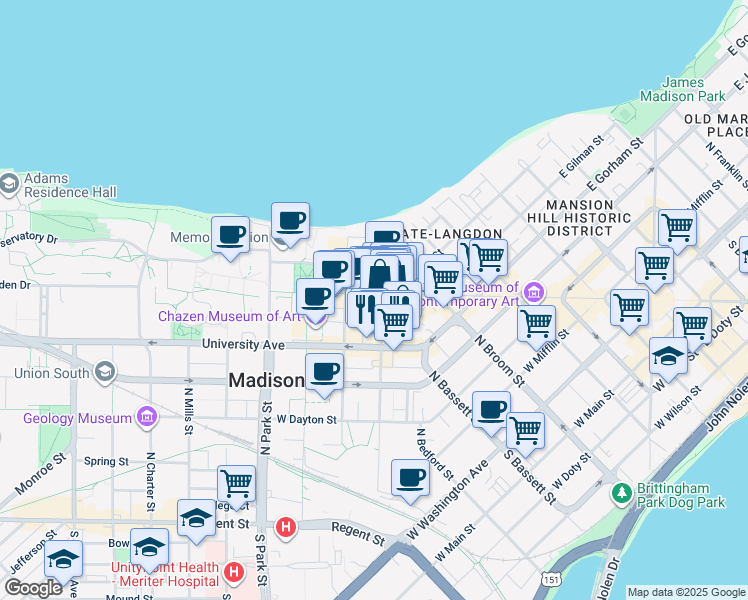 map of restaurants, bars, coffee shops, grocery stores, and more near 613 State Street in Madison