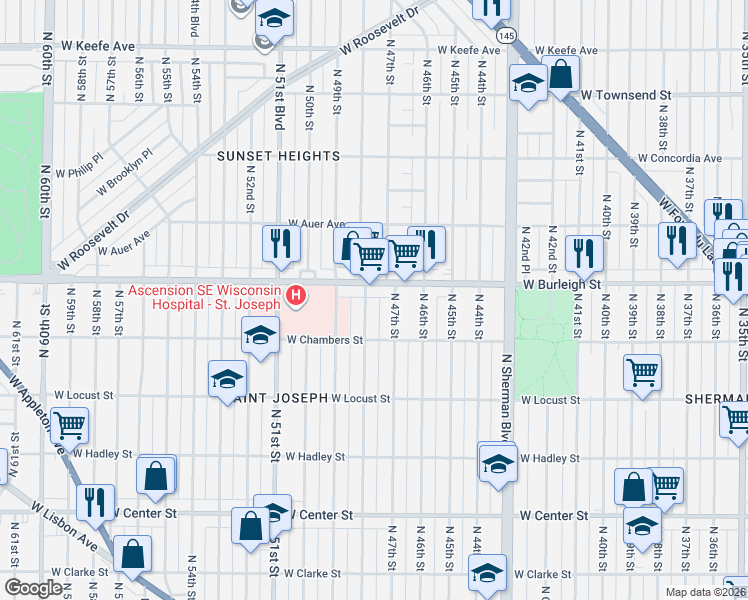 map of restaurants, bars, coffee shops, grocery stores, and more near 3024 North 48th Street in Milwaukee