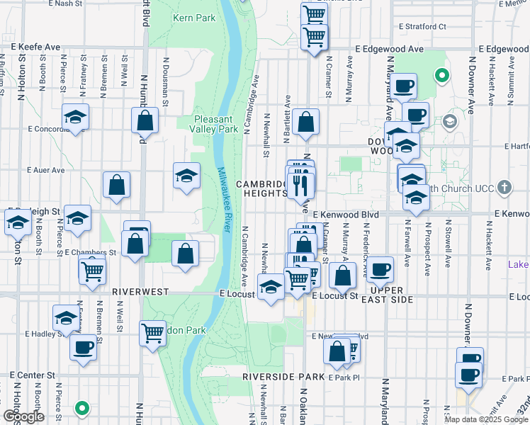 map of restaurants, bars, coffee shops, grocery stores, and more near E Kenwood Blvd & N Newhall St in Milwaukee
