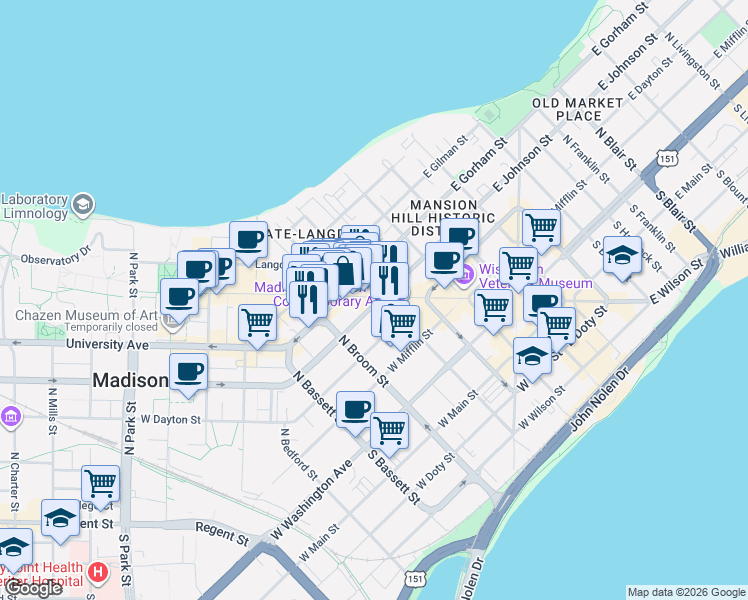 map of restaurants, bars, coffee shops, grocery stores, and more near 305 State Street in Madison