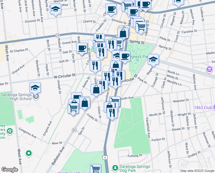 map of restaurants, bars, coffee shops, grocery stores, and more near 195 South Broadway in Saratoga Springs