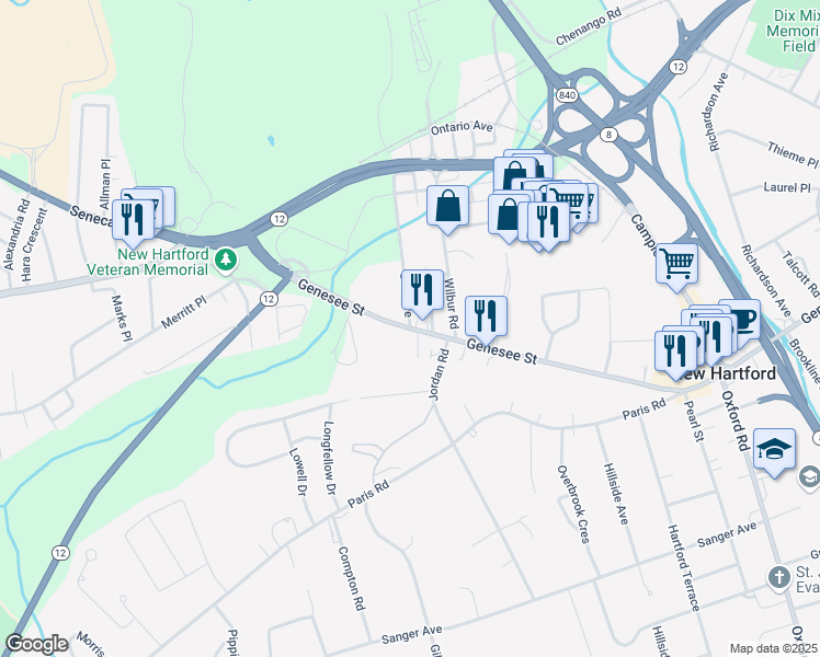 map of restaurants, bars, coffee shops, grocery stores, and more near Genesee Street & Golf Avenue in New Hartford