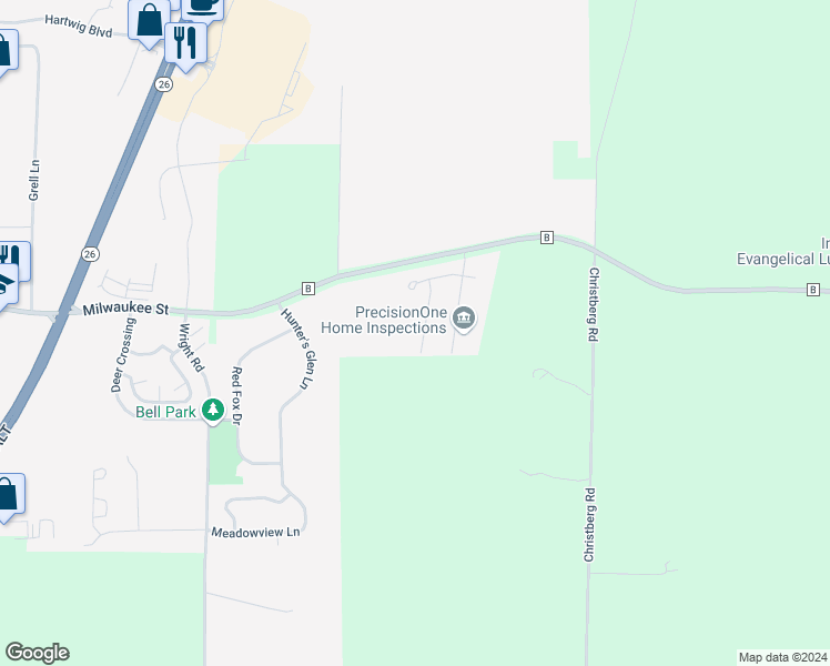 map of restaurants, bars, coffee shops, grocery stores, and more near 132 Michelle Drive in Johnson Creek