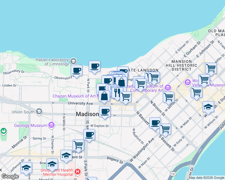 map of restaurants, bars, coffee shops, grocery stores, and more near 419 North Lake Street in Madison