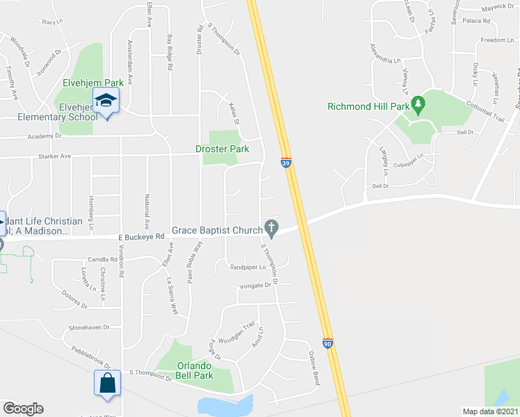 map of restaurants, bars, coffee shops, grocery stores, and more near 1799 South Thompson Drive in Madison