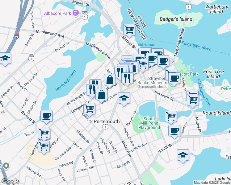 map of restaurants, bars, coffee shops, grocery stores, and more near 134 Middle Street in Portsmouth