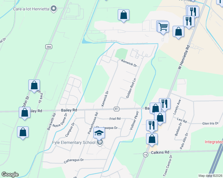 map of restaurants, bars, coffee shops, grocery stores, and more near 50 Kenwick Drive in Rochester