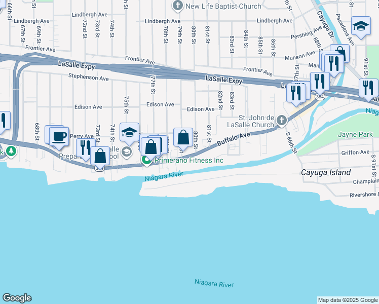 map of restaurants, bars, coffee shops, grocery stores, and more near 7909 Buffalo Avenue in Niagara Falls