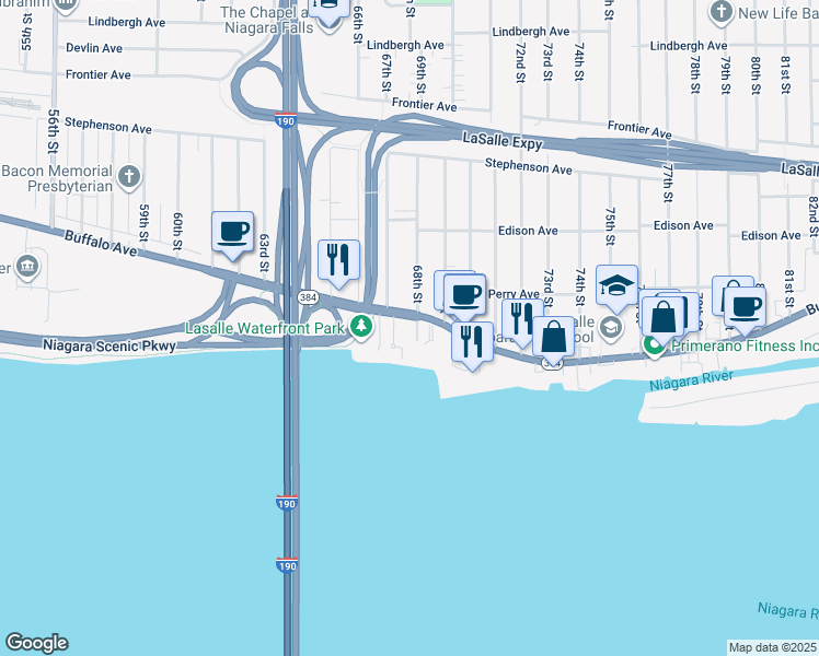 map of restaurants, bars, coffee shops, grocery stores, and more near 6807 Buffalo Avenue in Niagara Falls