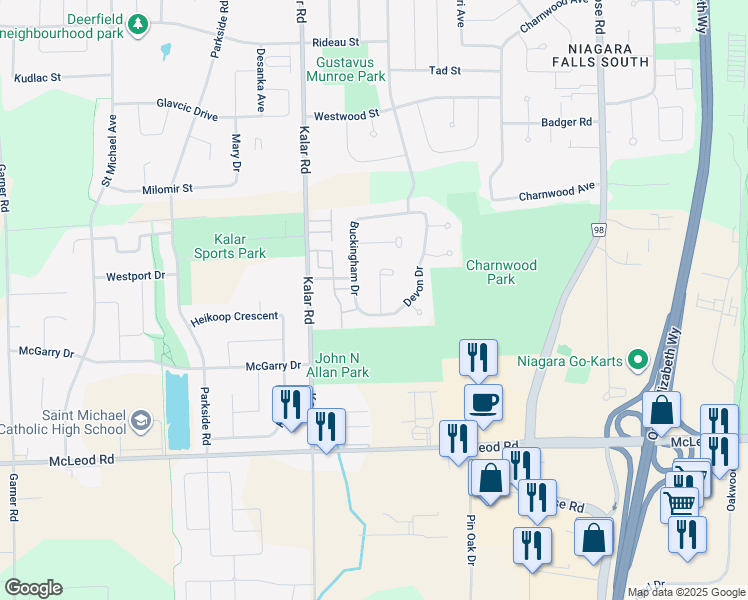 map of restaurants, bars, coffee shops, grocery stores, and more near 6920 Devon Drive in Niagara Falls