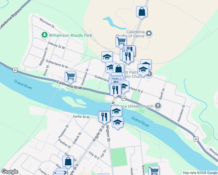 map of restaurants, bars, coffee shops, grocery stores, and more near 23 Caithness Street West in Caledonia