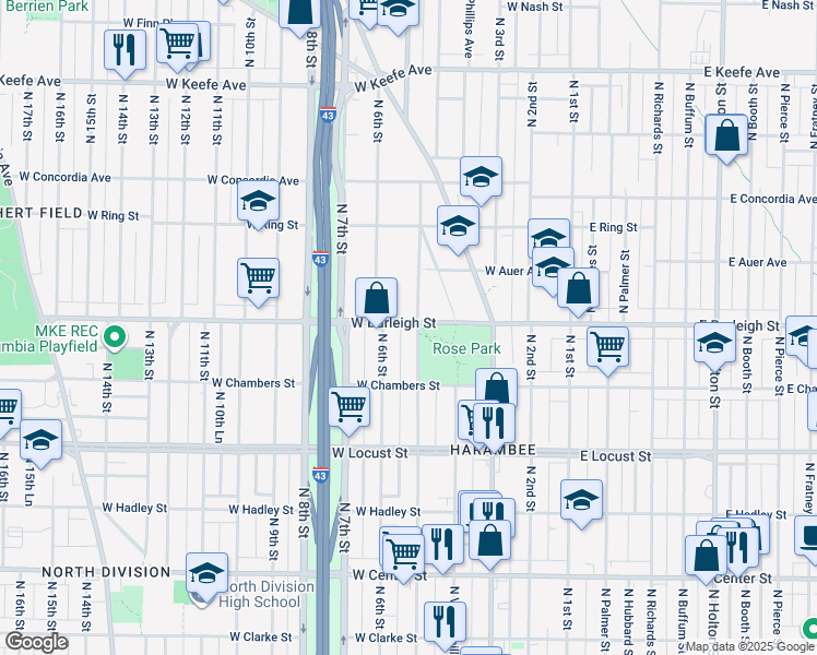 map of restaurants, bars, coffee shops, grocery stores, and more near 3040 North 6th Street in Milwaukee