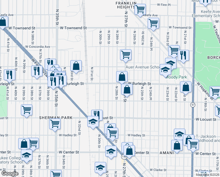 map of restaurants, bars, coffee shops, grocery stores, and more near 3026 North 29th Street in Milwaukee