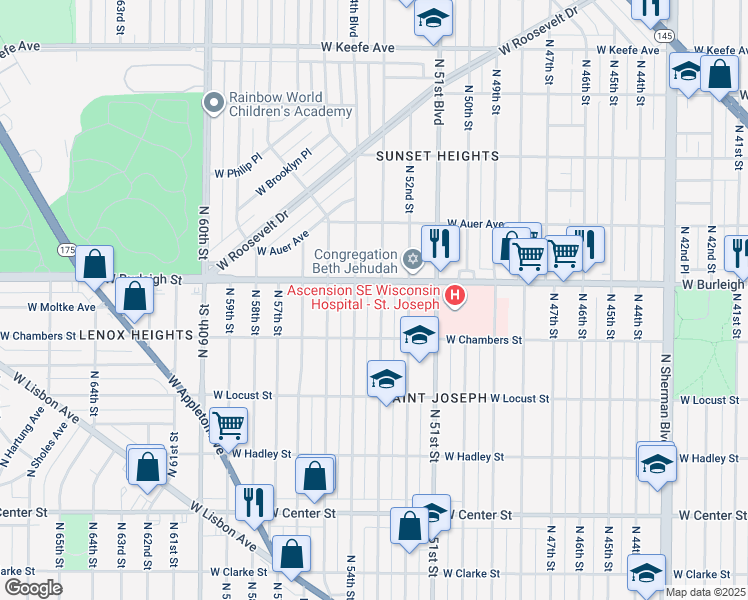 map of restaurants, bars, coffee shops, grocery stores, and more near 3022 North 53rd Street in Milwaukee