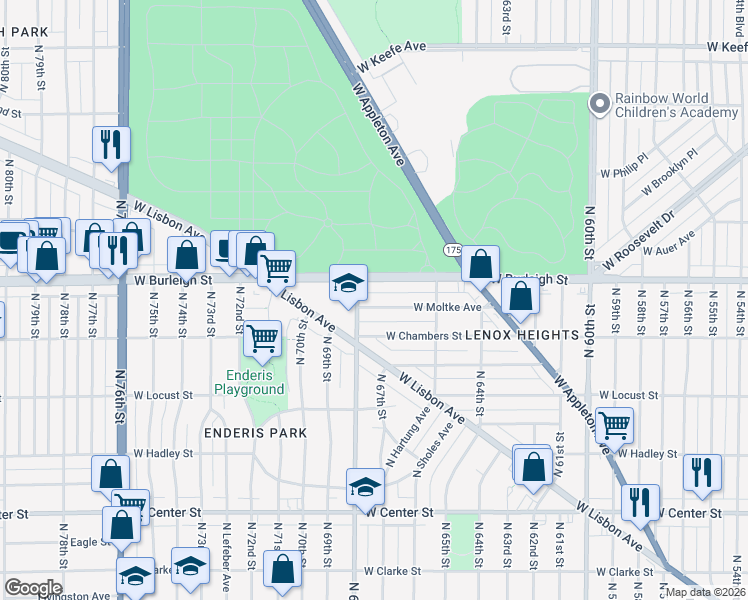 map of restaurants, bars, coffee shops, grocery stores, and more near 6703 A West Moltke Avenue in Milwaukee