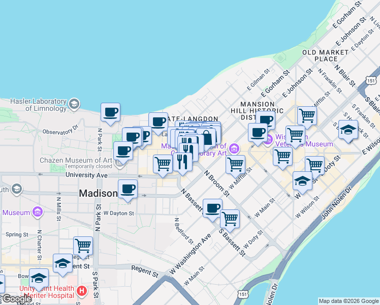 map of restaurants, bars, coffee shops, grocery stores, and more near 405 West Gorham Street in Madison