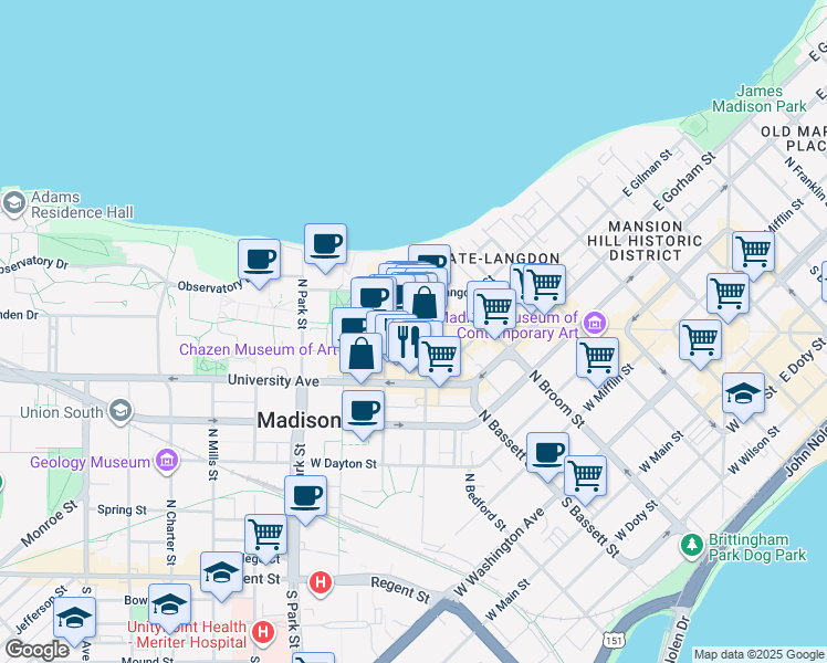 map of restaurants, bars, coffee shops, grocery stores, and more near 419 North Lake Street in Madison