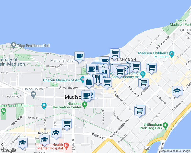 map of restaurants, bars, coffee shops, grocery stores, and more near 419 North Lake Street in Madison