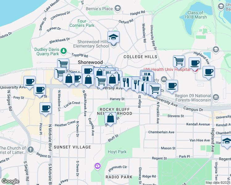 map of restaurants, bars, coffee shops, grocery stores, and more near 3010 Harvey Street in Madison