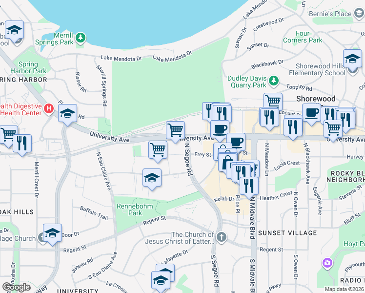 map of restaurants, bars, coffee shops, grocery stores, and more near 700 North Segoe Road in Madison