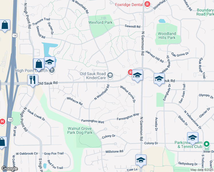 map of restaurants, bars, coffee shops, grocery stores, and more near 1 Rye Circle in Madison