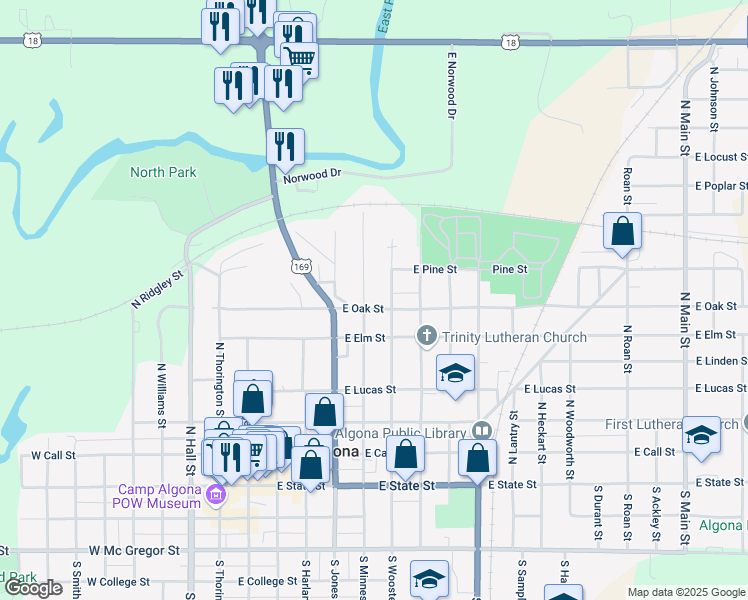 map of restaurants, bars, coffee shops, grocery stores, and more near 600-698 North Minnesota Street in Algona