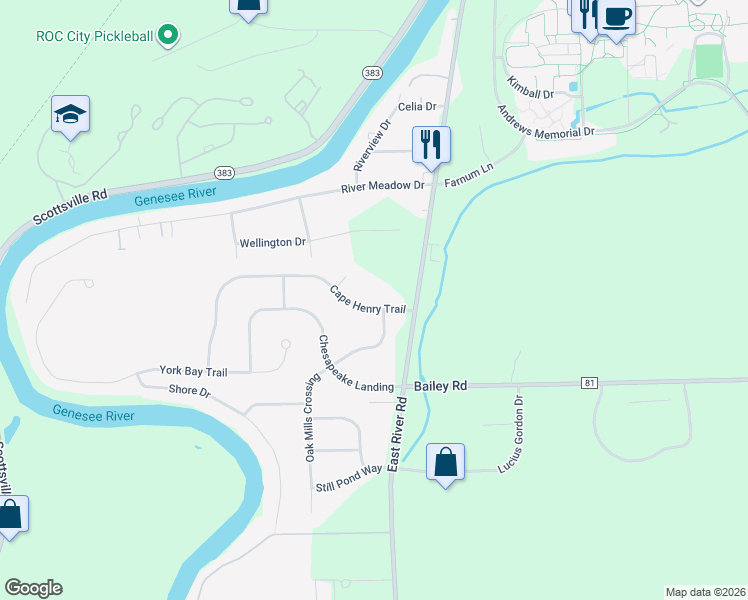 map of restaurants, bars, coffee shops, grocery stores, and more near 7 Oak Mills Crossing in West Henrietta