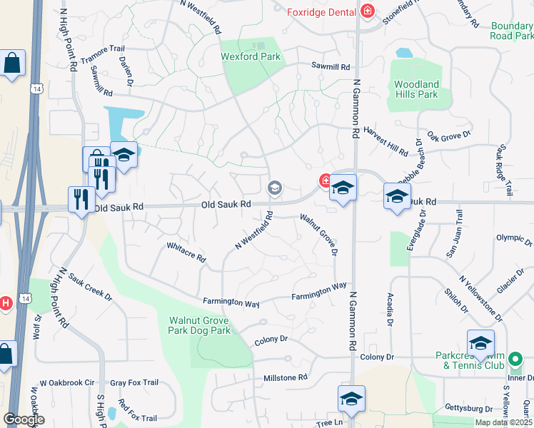 map of restaurants, bars, coffee shops, grocery stores, and more near 1 Rye Circle in Madison