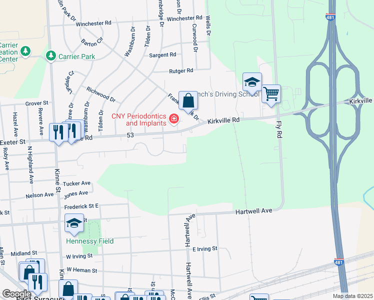 map of restaurants, bars, coffee shops, grocery stores, and more near 87 Watertree Drive in East Syracuse