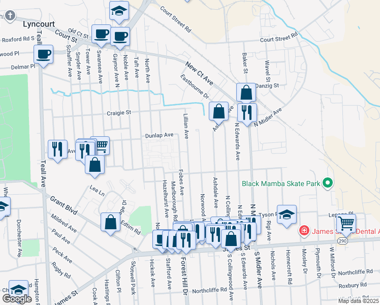 map of restaurants, bars, coffee shops, grocery stores, and more near 324 Fobes Avenue in Syracuse