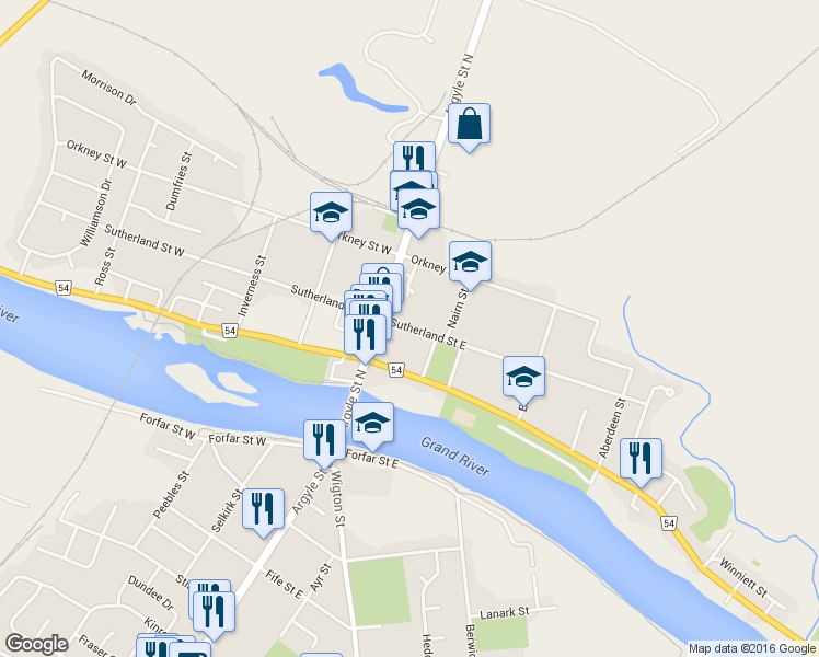 map of restaurants, bars, coffee shops, grocery stores, and more near 36 Sutherland Street East in Caledonia
