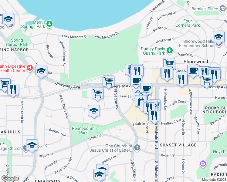 map of restaurants, bars, coffee shops, grocery stores, and more near 700 North Segoe Road in Madison