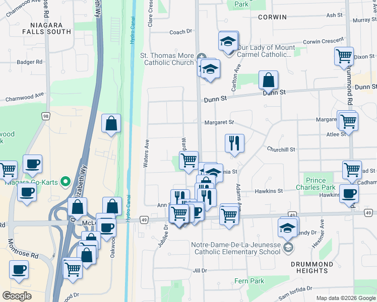 map of restaurants, bars, coffee shops, grocery stores, and more near 6938 Warden Avenue in Niagara Falls