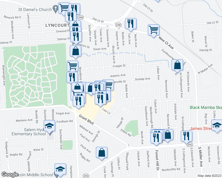 map of restaurants, bars, coffee shops, grocery stores, and more near 101 Swansea Avenue in Syracuse