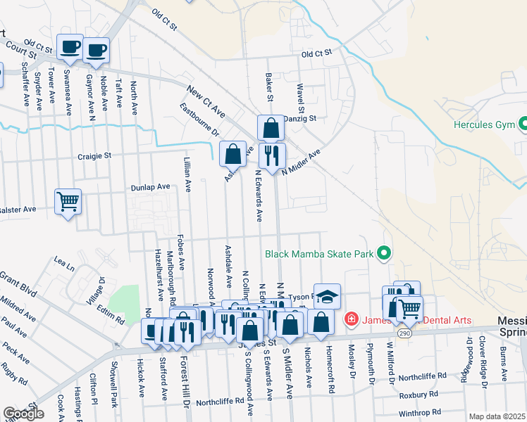 map of restaurants, bars, coffee shops, grocery stores, and more near 336 North Edwards Avenue in Syracuse