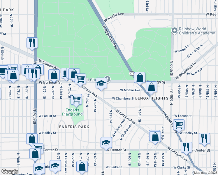 map of restaurants, bars, coffee shops, grocery stores, and more near 6720 West Moltke Avenue in Milwaukee