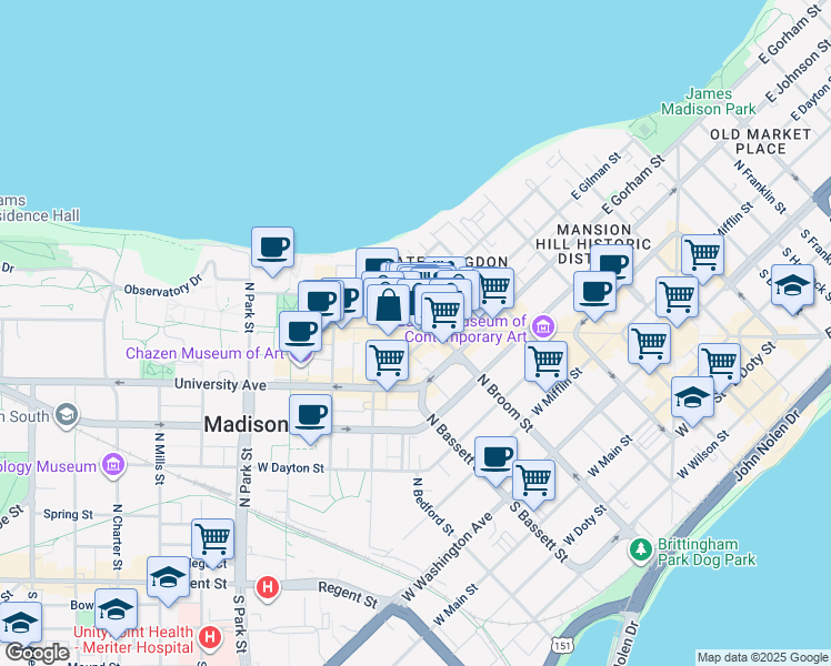 map of restaurants, bars, coffee shops, grocery stores, and more near 515 State Street in Madison