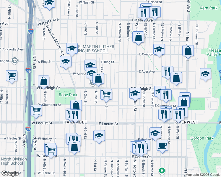 map of restaurants, bars, coffee shops, grocery stores, and more near E Burleigh St & N Palmer St in Milwaukee
