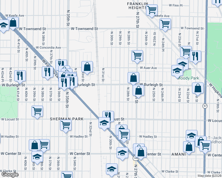 map of restaurants, bars, coffee shops, grocery stores, and more near 2930 West Burleigh Street in Milwaukee