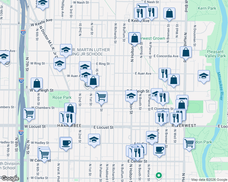 map of restaurants, bars, coffee shops, grocery stores, and more near E Burleigh St & N Richards St in Milwaukee